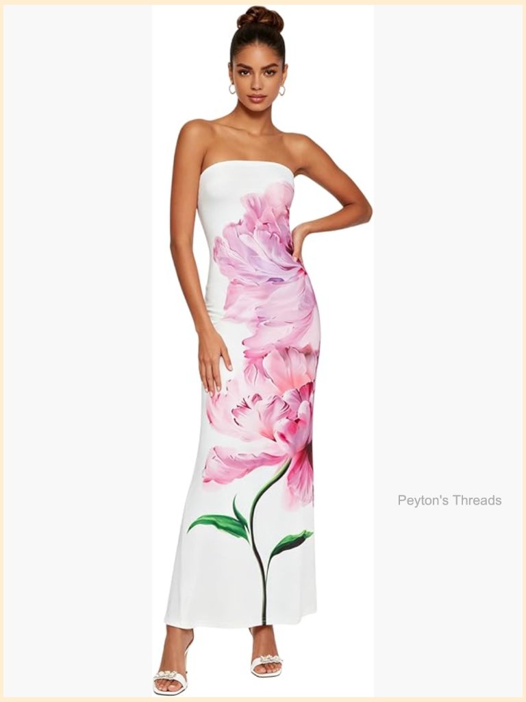 Flowy Strapless Midi Dress Bodycon Tube Wedding Guest Cocktail Party